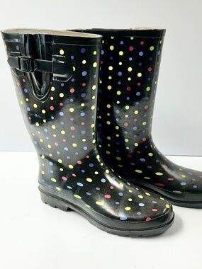Womens Western Chief Black Polka Dot Rubber Rain Boot Size 10 Buckle Waterproof